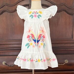 MARKS & SPENCER Girls White Embroidered Dress Parrot Floral Detail 3-4T
